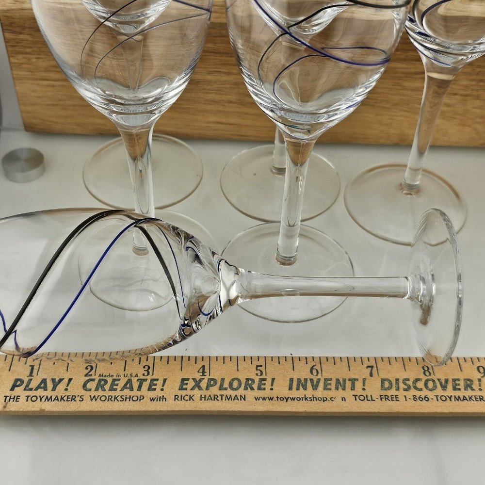 6) Fused Glass Swirl Delicate Double Line Champagne Flutes 8" Glasses blue black - Picture 10 of 11